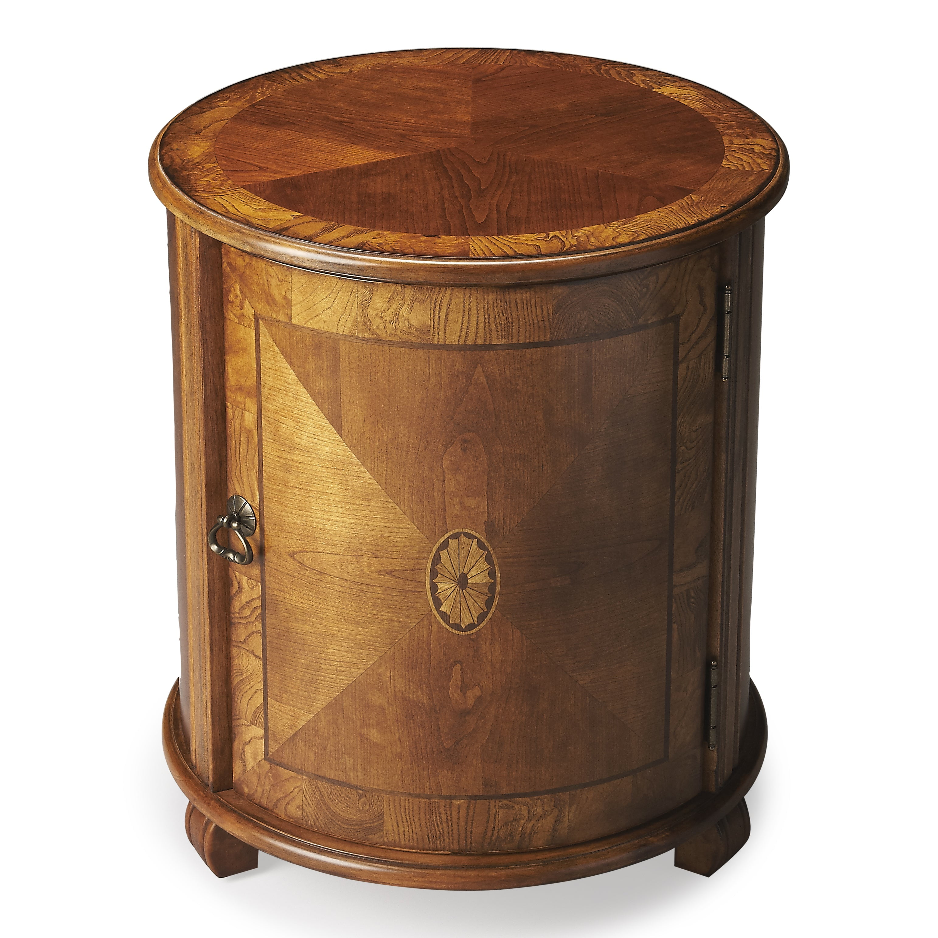 Olive Ash Burl Round Wood Drum Side Table with Storage