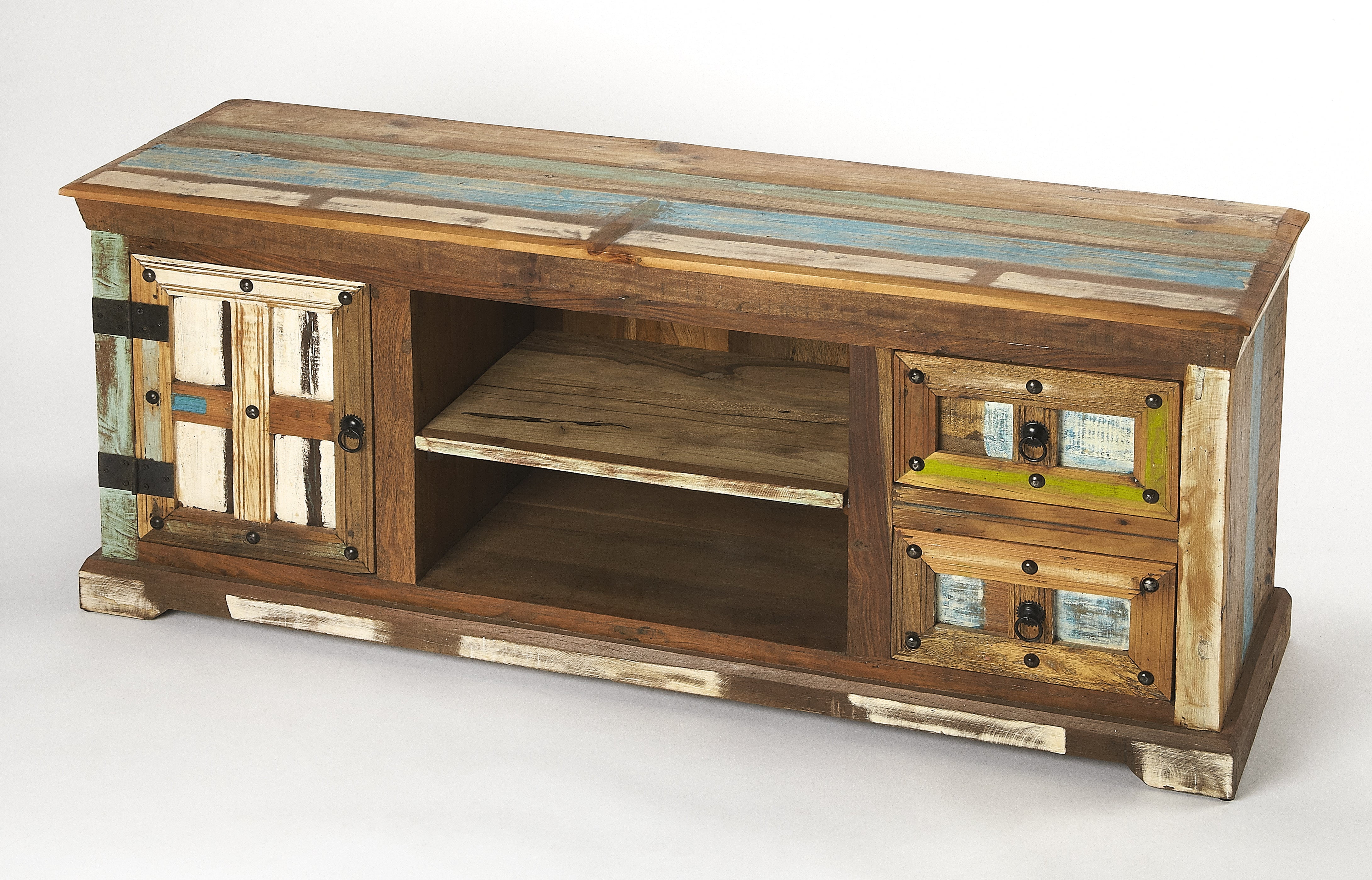 Rustic Multi-Color 58" Mango and Acacia Wood TV Console with Cabinet