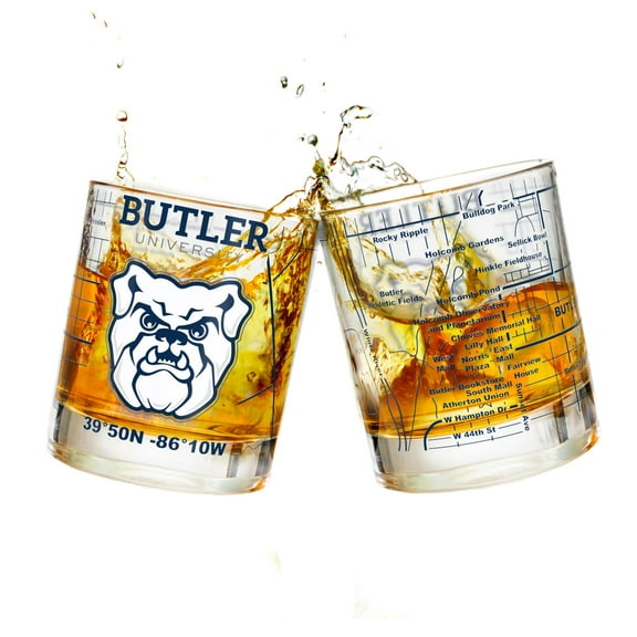 Butler University Whiskey Glass Set 10oz (2 Low Ball Glasses) - Contains Full Color Butler Blue Logo & Campus Map - Butler Bulldogs Glassware Gift Idea for College Grads & Alumni - Butler Decor