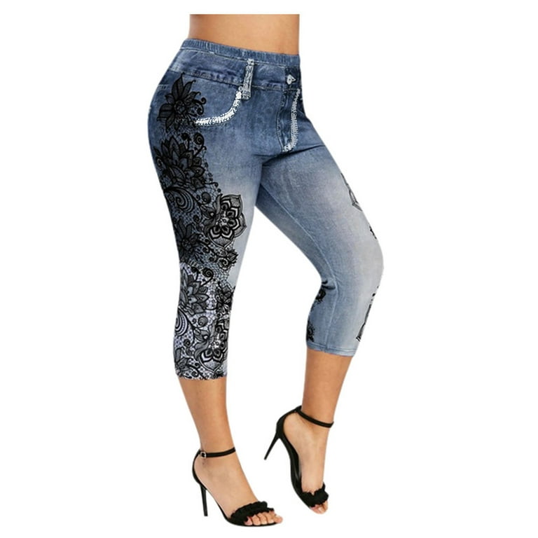 Butt Lift Capri Jeans Jeggings for Girls Plus Size,High Waist Stretch Lace  Trim Pencil Denim Pants,Womens Floral Print Cropped Leggings 2024