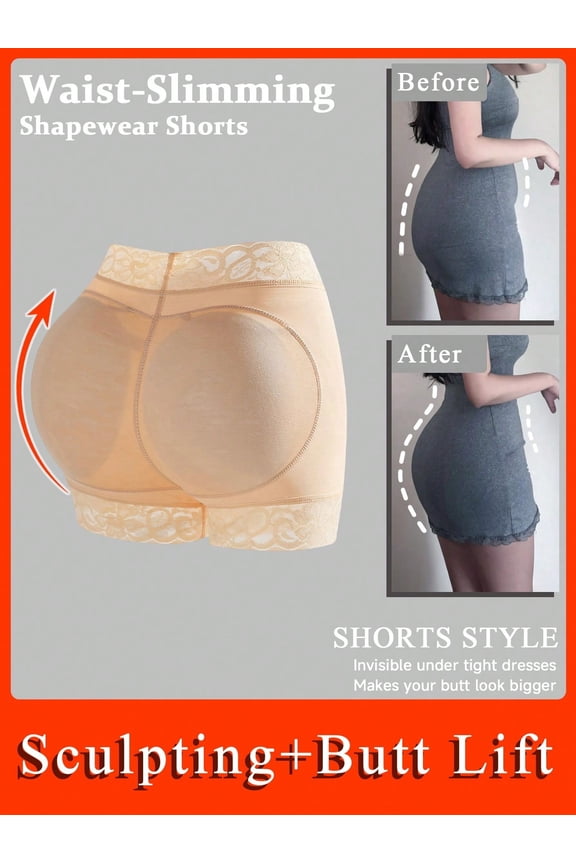 Women’s Mid Waist Lace Trim Padded Butt Lifter Shape Panties, Tummy Control Hip Enhancer Breathable Shapewear Underwear for Daily Dresses & Jeans