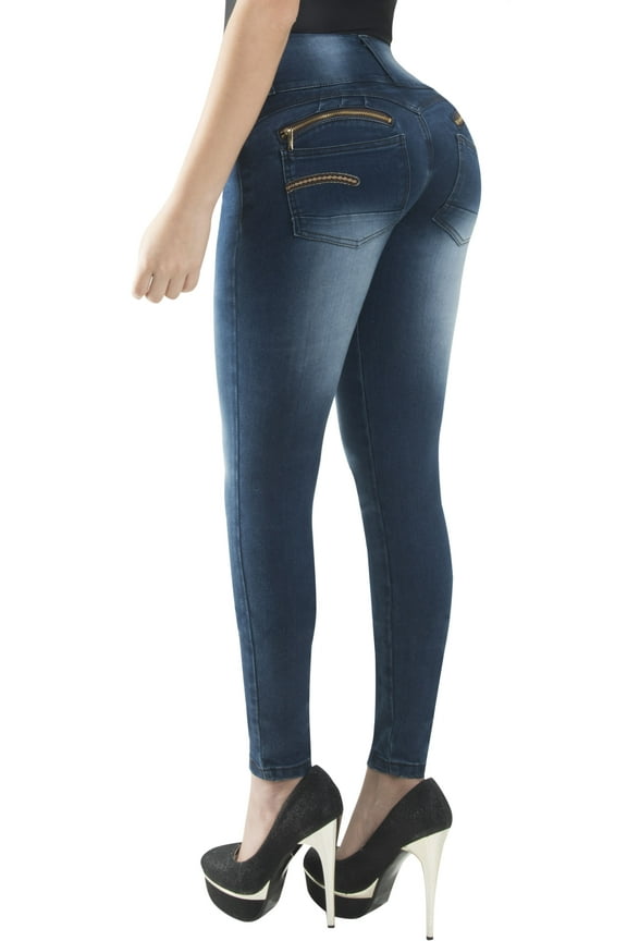 Butt Lifter Skinny Women Jeans High Rise Waist Push Up Authenthic Levanta Cola Colombianos Blue 504DB by Fiorella Shapewear