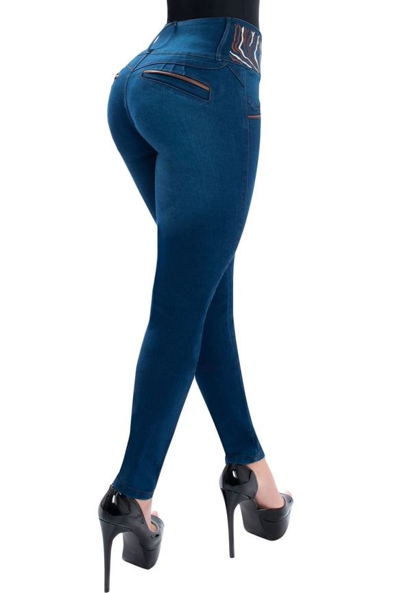 Butt Lifter Women Jeans High Rise Leatherette Waist Push Up Levanta Cola Pantalones Colombianos 514BB Blue Size 11 USA / 16 COL