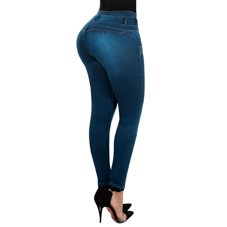 Butt Lifter Women Jeans High Rise 4 Button Waist Push Up Levanta Cola  Pantalones Colombianos 513DB Dark Blue Size 3 USA / 8 COL 