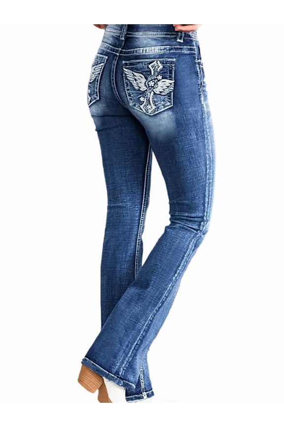Butt Lifting Bootcut Jeans Stretchy Casual Fall Winter Trendy Flare Leg Jeans for Women Blue M