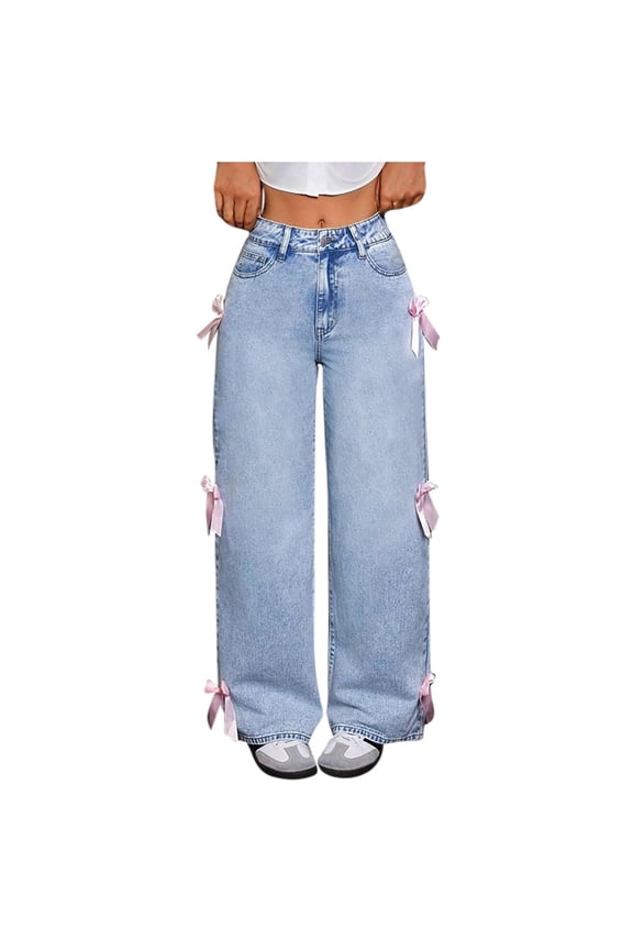 Butt Lifting Jeans Baggy Jeans for Teen Girls, Woman Cute Bow Jeans High Waist Wide Leg Loose Straight Denim Pants Casual Streetwear Light Blue L