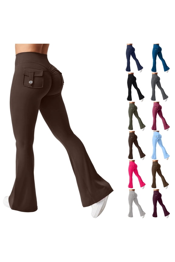 Butt Lifting Leggings for Women Flared Yoga Workout Gym Pants with Pockets Coffee L