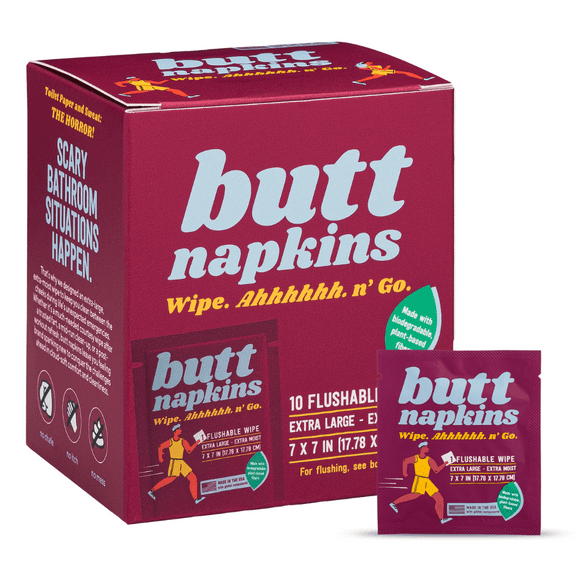 Butt Napkins, 10 Individually Wrapped, Water-Based Flushable Wipes, Unscented & Hypoallergenic