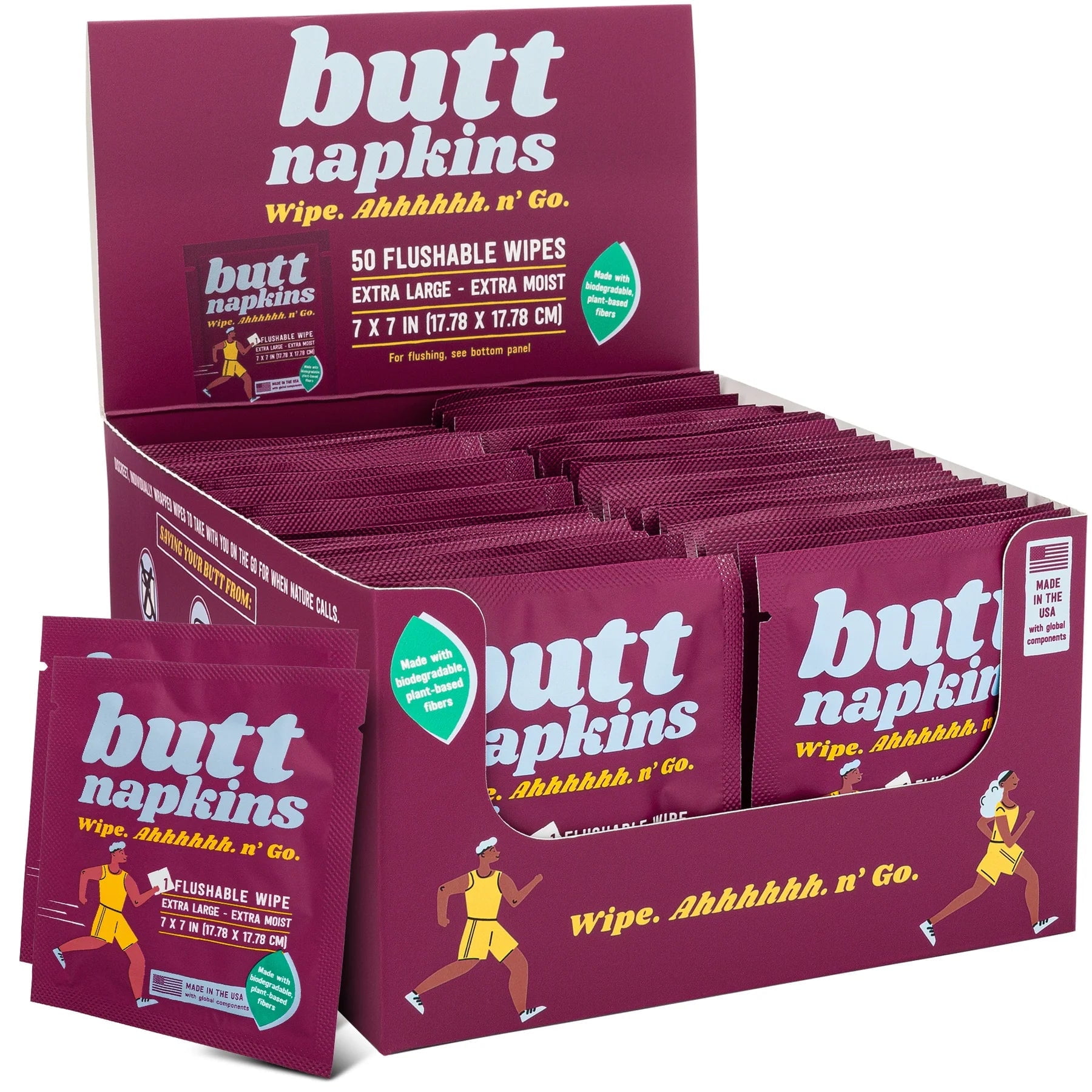 Butt Napkins, 50 Individually Wrapped, Water-Based Flushable Wipes, Unscented & Hypoallergenic