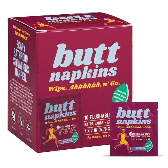 Butt Napkins, Active Wipes, Water-Based Flushable Wipes, Individually Wrapped, 10-Pack