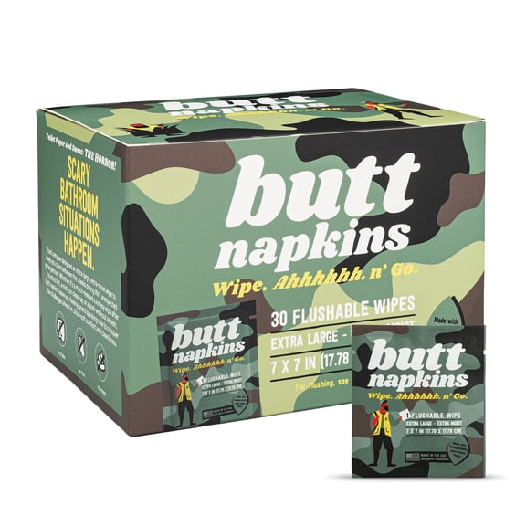 Butt Napkins, Hunting Wipes, Water-Based Flushable Wipes, Individually Wrapped, 30-Pack