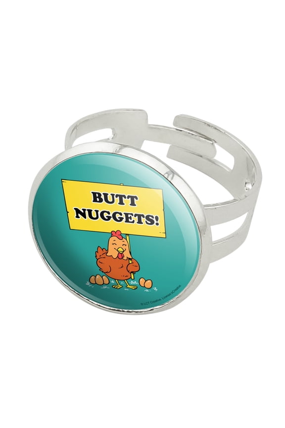 Butt Nuggets Chicken Eggs Funny Humor Silver Plated Adjustable Novelty Ring