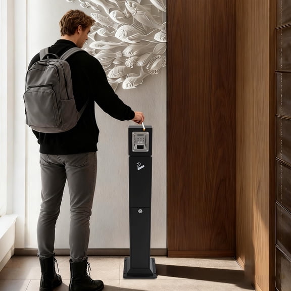 Butt Receptacle, Heavy Duty Cigarette Receptacle, Four Side Opening Ash Bin, Outdoor Coated Ash Urn with Lock Standing Trash Container with Removable Inner Bucket for Hotel Lobby Patio
