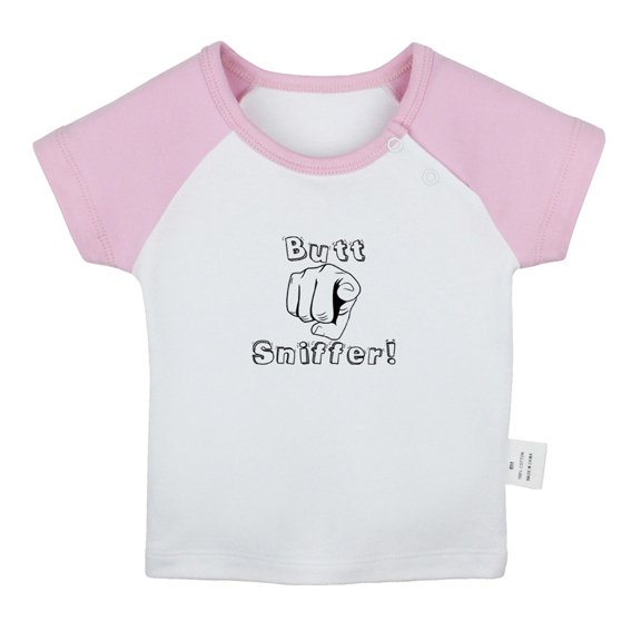 Butt Sniffer Funny T shirt For Baby, Newborn Babies T-shirts, Infant Tops, 0-24M Kids Graphic Tees Clothing (Short Pink Raglan T-shirt, 6-12 Months)