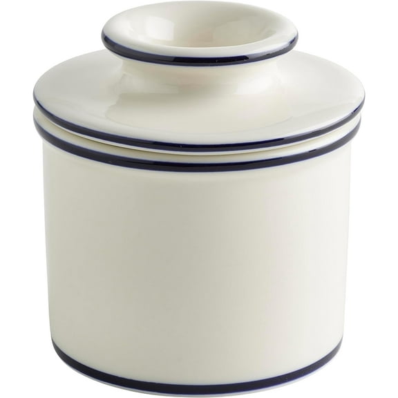 Butter Bell® Crock – Le Bistro White with Blue Trim Ceramic Butter Holder with Lid, Keeper for Spreadable Butter