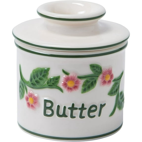 Butter Bell® Crock – Farmhouse Hand Painted Raised Floral Ceramic Butter Holder with Lid, Keeper for Spreadable Butter