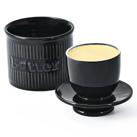 Butter Crock with Lid, Ceramic French Butter Dish for Spreadable Butter, Ribbed Butter Holder with Embossed Water Line, Housewarming Gifts, Black Stylish Home and Kitchen Counter Decor