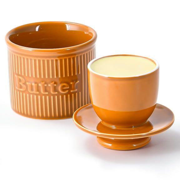Butter Crock for Spreadable Butter, Ceramic French Butter Dish with Lid for Counter Top, Ribbed Butter Holder with Embossed Water Line, Housewarming Gifts, Cute Kitchen and Home Decor