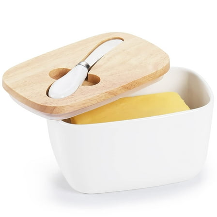 Butter Dish - Large Ceramics Butter Holder with Silicone Sealing, Natural Wooden Lid and Stainless Steel Knife, Perfect for 4 Stick of Butter, White