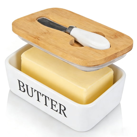 Butter Dish with Lid, Butter Dish for Countertop - Ceramic Butter Keeper Container with Knife and High-Quality - Silicone Sealing Butter Box for Home Decor Good Kitchen Gift White