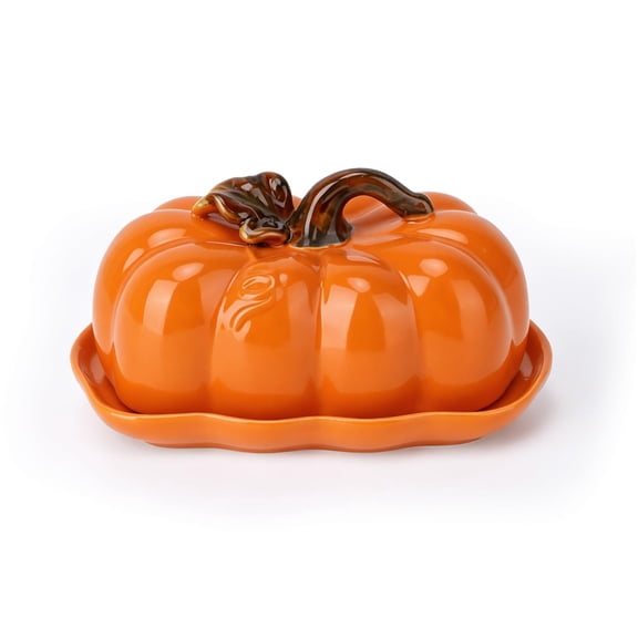 Butter Dish with Lid for Countertop, Cute Ceramic Pumpkin Butter Container Serving Tray with Cover, Decor Dinnerware for Home Fall Harvest Halloween Thanksgiving Decor