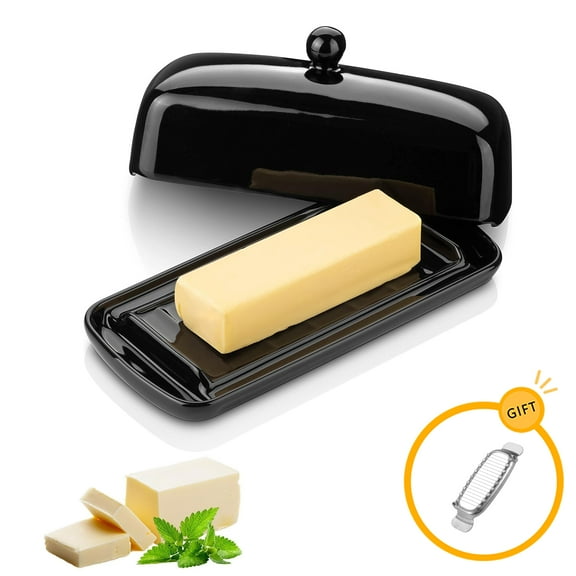 Butter Dish with Lid for Countertop, French Butter Dish with Handle and 1Pc Butter Slicer Cutter, Keep Butter, Butter Dish Butter Keeper for Countertop, Easy Scoop, Dishwasher, Black