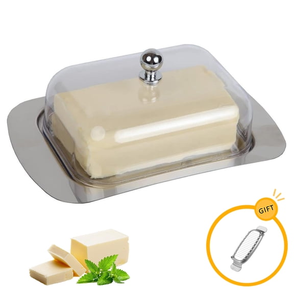Butter Dish with Lid for Countertop, Non Slip Kitchen Butter Holder with 1Pc Butter Slicer Cutter, Multi-Purpose Enduring Butter Keeper Food Dish Tray for Home Kitchen Decor, Silver