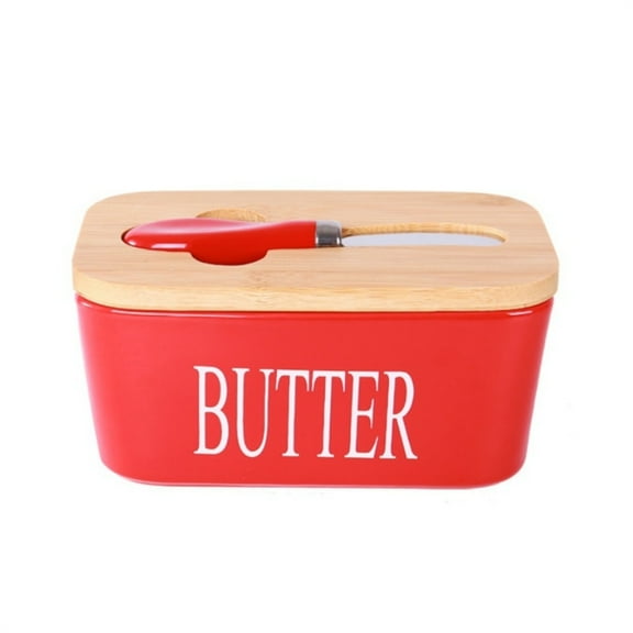 Butter Dish with Lid, Dingrich 21oz Large Ceramic Butter Dish with Knife, Airtight Butter Keeper Container with Cover, Ceramic Butter Keeper Container - Red