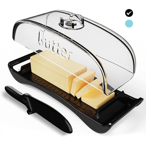Butter Dish with Lid and Knife BPA-Free Plastic Butter Container for Countertop , and Freezer Safe - Perfect for East and West Coast Butter-Black Color