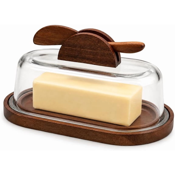 Butter Dish with Lid and Knife, Glass Butter Dish with Lid, Wooden Butter Holder for Countertop with Knife Holder, Butter Container for Fridge and Table Serving (Glass Acacia Wood)