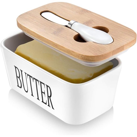 SUSWIM Butter Dish with Lid, Large Butter Dish for Countertop, Ceramic Butter Keeper Container with Knife and High-Quality Silicone Sealing Butter Box for Home Decor Good Kitchen Gift White
