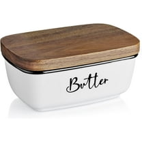 Butter Dish with Lid, Large Ceramic Butter Dish for Countertop, Butter Keeper with Thick Acacia Wood Lid, Kitchen Decor and Accessories for Kitchen Gifts, White