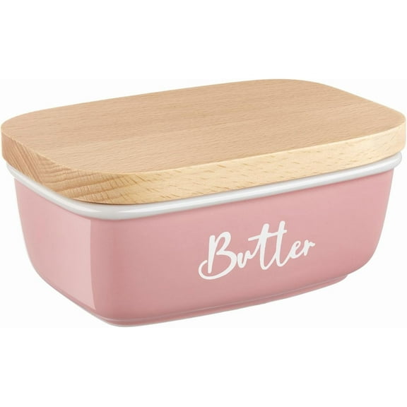 Butter Dish with Lid,Large Ceramic Butter Dish for Countertop, Butter Keeper with Thick Acacia Wood Lid, Kitchen Decor and Accessories for Kitchen Gifts