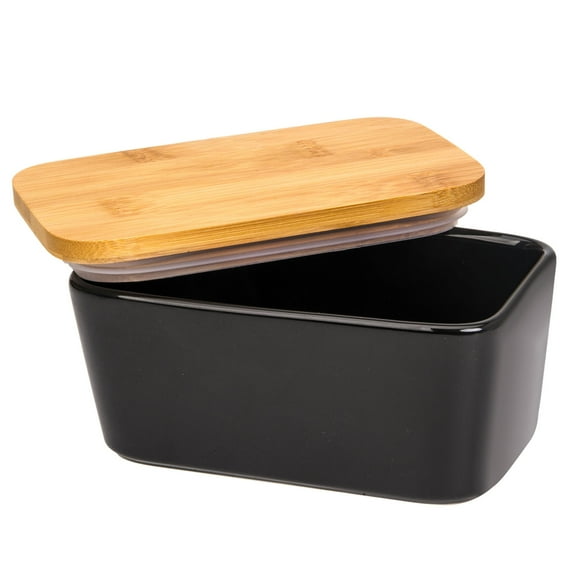 Butter Dish with Lid, Porcelain Keeper with Wood Lid Cover for Butter, Microwave Safe Easy Clean Butter Storage Container for Countertop and Refrigerator (Black 10oz)