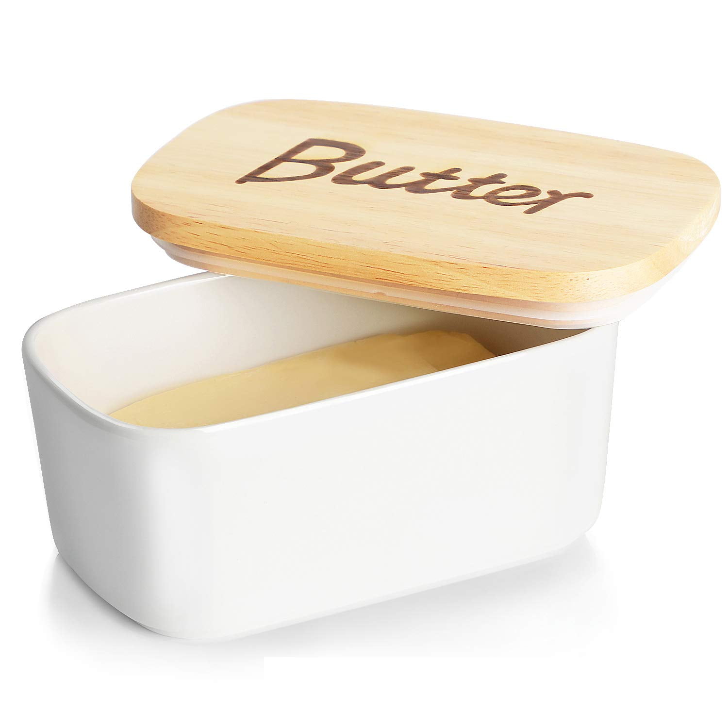 Butter Dish with Wooden Lid- Large Ceramics Covered Butter Holder for ...