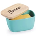 thumbnail image 1 of Butter Dish with Wooden Lid- Large Ceramics Covered Butter Holder for Countertop, Butter Keeper Container Perfect for Holds 4X 4oz West/East Coast Butter,Turquoise, 1 of 7