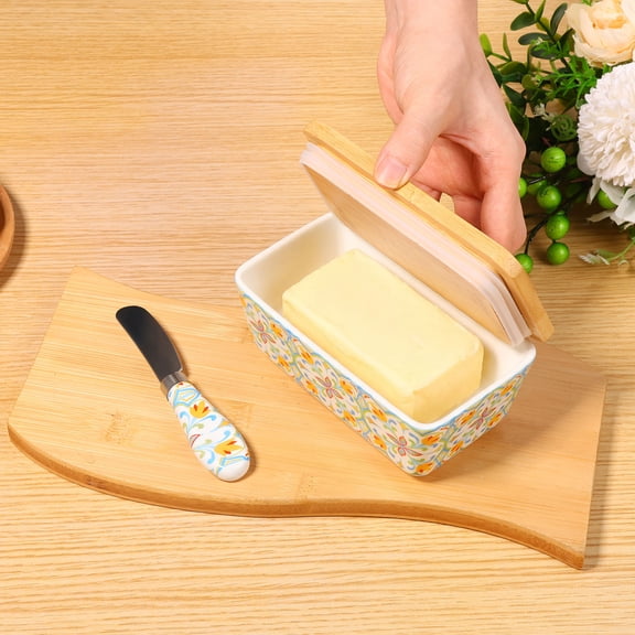 Butter Dish with Lid 5.79" Large for Countertop Ceramic Butter Keeper Container with Knife and Bamboo Lid Delicate Floral Pattern