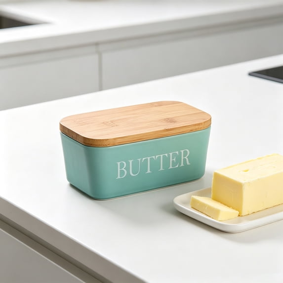 Butter Dish with Lid,Butter Keeper with Thick Wood Lid,Large Ceramic Butter Container, Kitchen Decor and Accessories for Kitchen Gifts