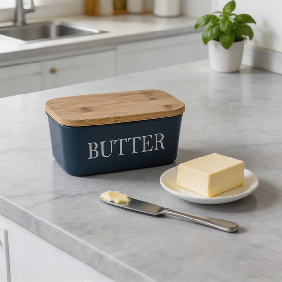Butter Dish with Lid,Butter Keeper with Thick Wood Lid,Large Ceramic Butter Container, Kitchen Decor and Accessories for Kitchen Gifts