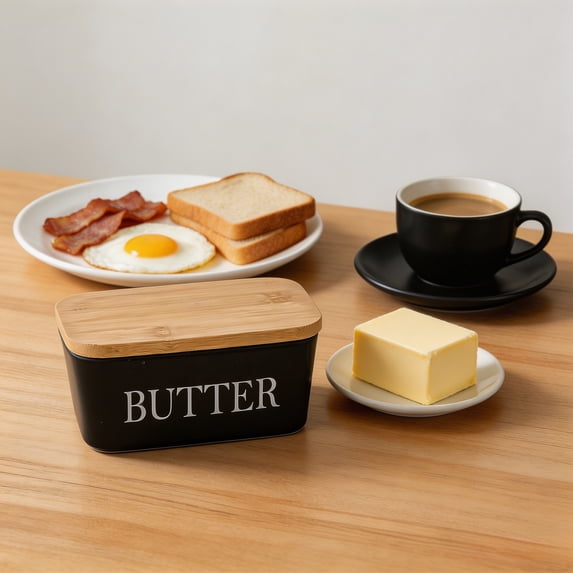 Butter Dish with Lid,Butter Keeper with Thick Wood Lid,Large Ceramic Butter Container, Kitchen Decor and Accessories for Kitchen Gifts