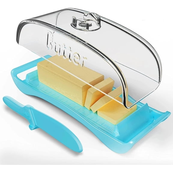Butter Dish with Lid and Knife BPA Free,KJRIVER Plastic Butter Container for Countertop Easy Grip Handles Dishwasher and Freezer Safe-Blue Color