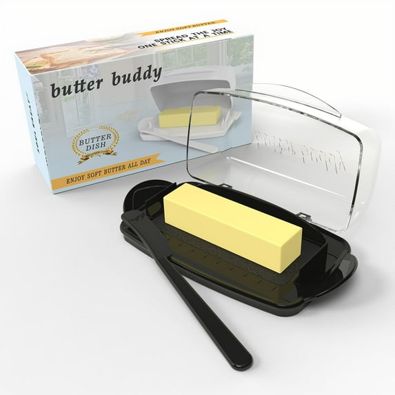 Soul Creat Butter Dish with Lid, Flip Top Plastic Container with Spreader & Non-Slip Bottom