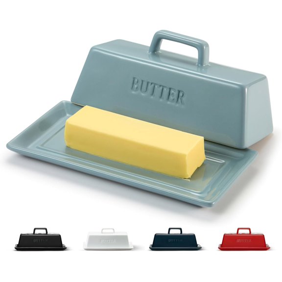 Butter Dish with Lid for Countertop, by , Ceramic Dish Tray with Cover, Kitchen Keeper, Container, Holder (Casper Blue)
