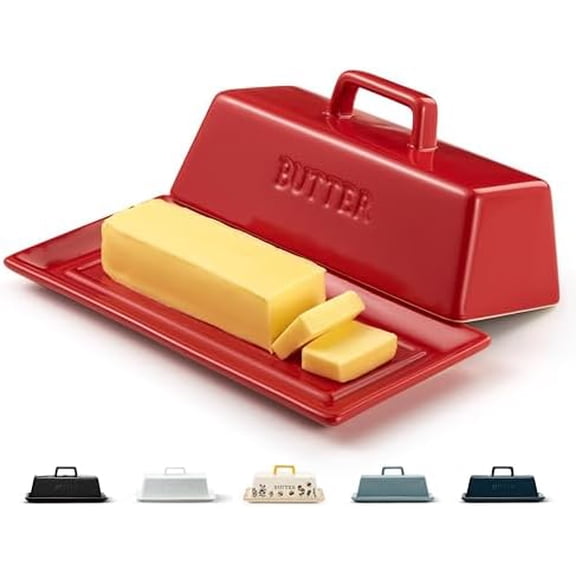 Butter Dish with Lid for Countertop, by , Ceramic Dish Tray with Cover, Kitchen Keeper, Container, Holder (Red)