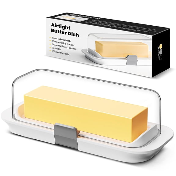 Butter Keeper with Latch, Airtight Container for Kitchen or Fridge, Designed for StandardButter Sticks, Non-Slip Base, /, White