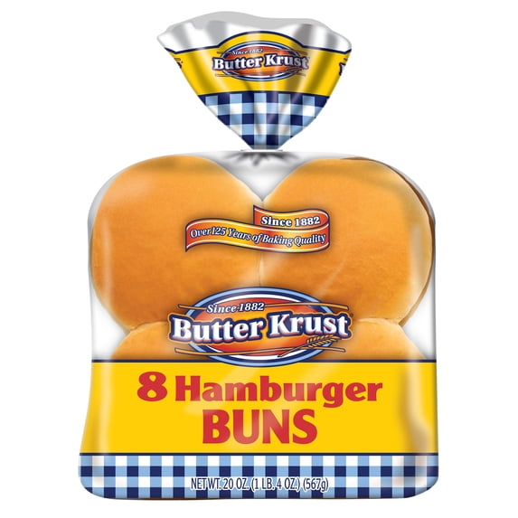 Butter Krust Hamburger Buns, Enriched White Bread Hamburger Buns, 8 Count, 20 Oz, Shelf-Stable