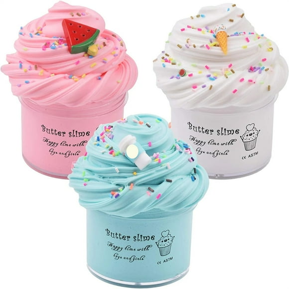 Butter Slime Cloud Slime Peach Slime 3 Pack - Fluffy Crunchy Non Sticky Slime for Kids Ages 3-5 - Stress Relief Toy with Creamy Toppings in Pink White Blue Dessert-Themed Jars