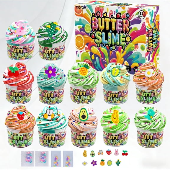 Butter Slime Kit, 12 Pack Fruit-Scented Non-Sticky Stress Relief Putty For Kids, Easter Basket Stuffers And Birthday Party Favors, Assorted Colors
