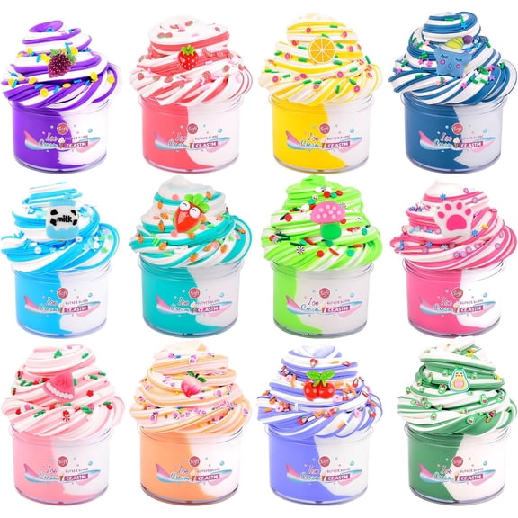 Butter Slime Kit 12 Pack, Scented, Stretchy, Non-Sticky, Premade Slime with Peach, Strawberry, Grape, Avocado Charms, Perect for Birthday Gifts Party Favors and Stress Relieft Toy