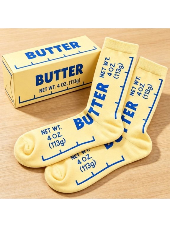 Butter Socks, Funny Food Novelty Crew Socks, Yellow Blue Crazy Socks for Holiday Party Gift, Chefs Bakers Food Lovers Gift